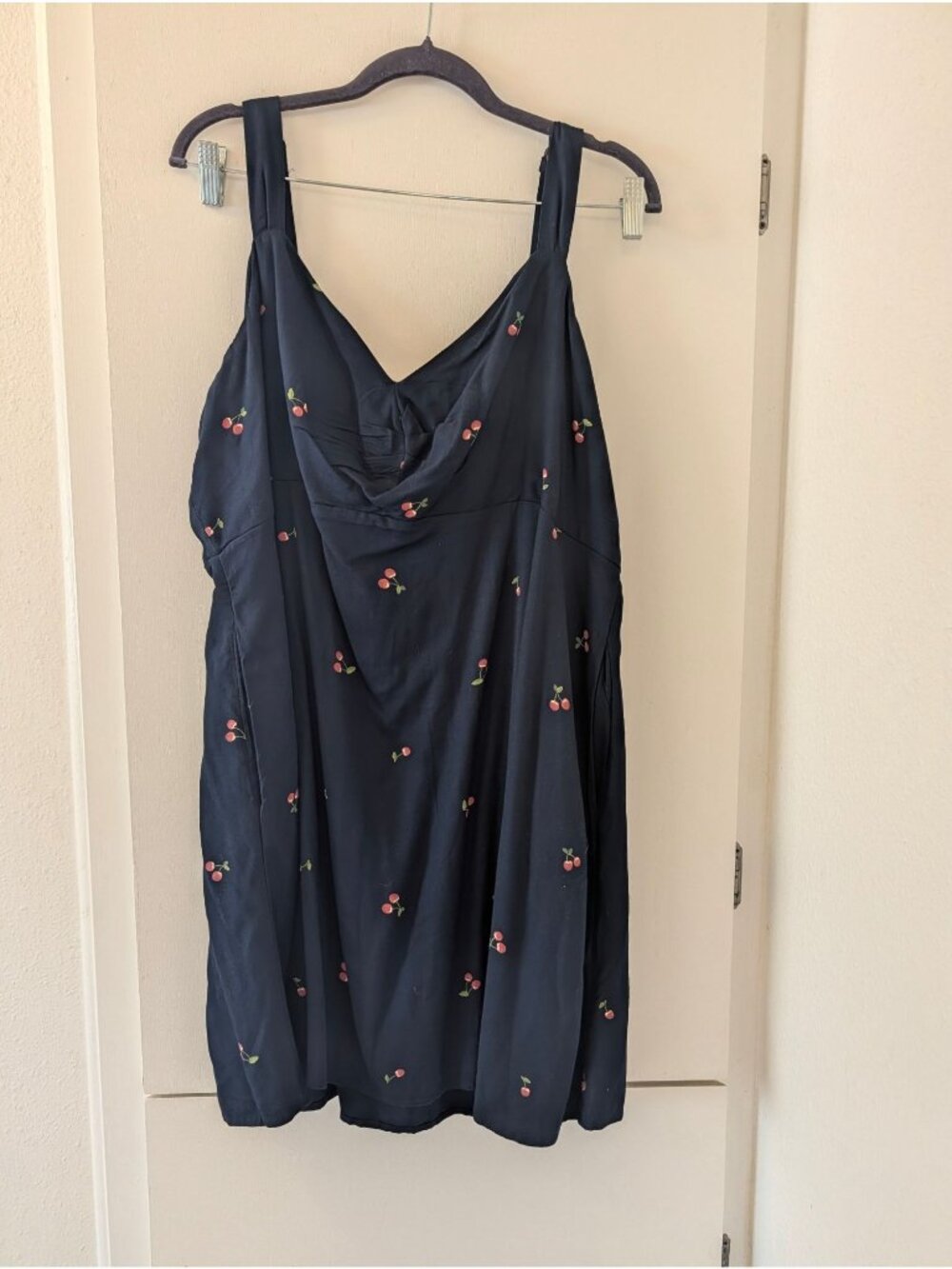 Cherry Print Navy Blue Sundress With Smocked Back & Adjustable Straps - Women’s